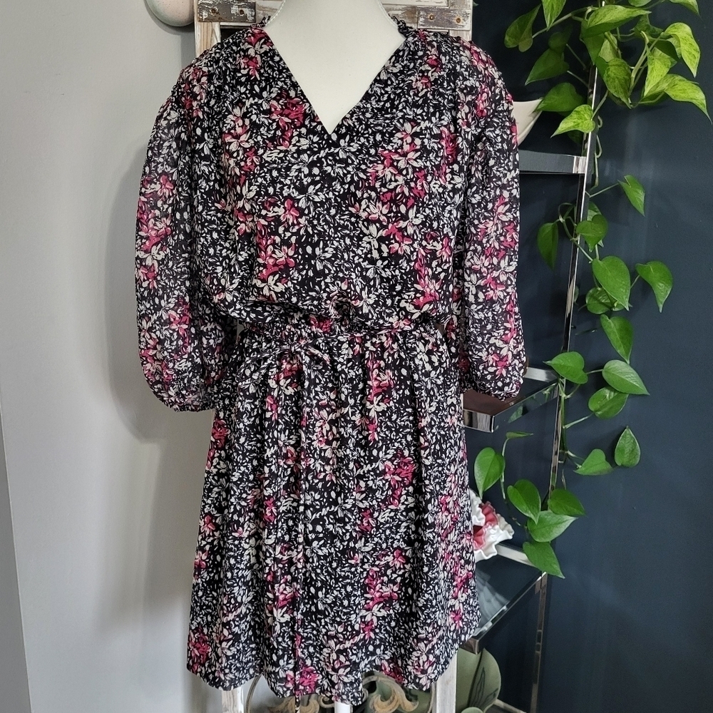 Rebecca Minkoff Blouson Dress Pink Floral With White And Black Lined XS - Picture 13 of 13